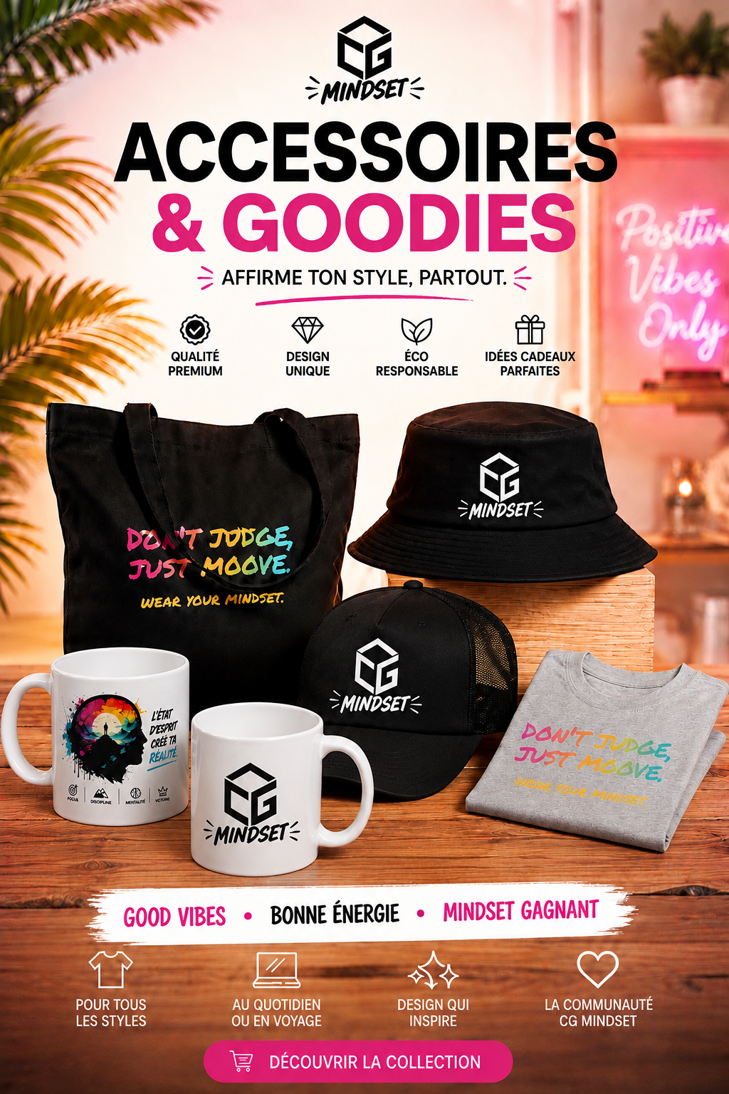 Tote bag noir en coton bio CG Mindset, vue de face