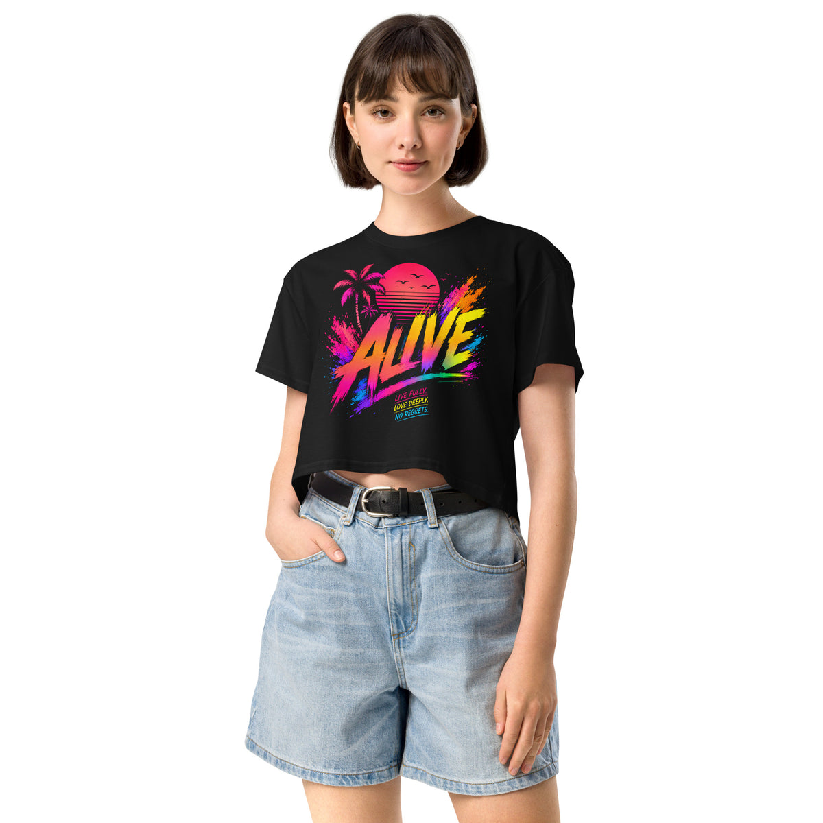 Crop top femme noir CG Mindset imprimé ALIVE, vue de face