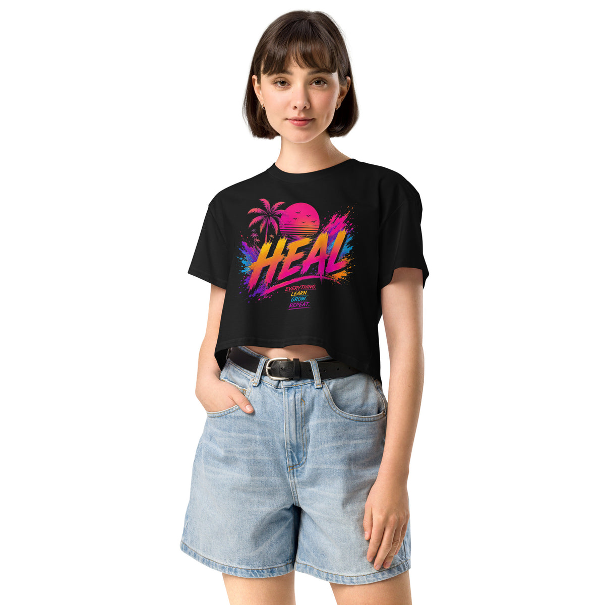Crop top femme noir CG Mindset imprimé HEAL, vue de face
