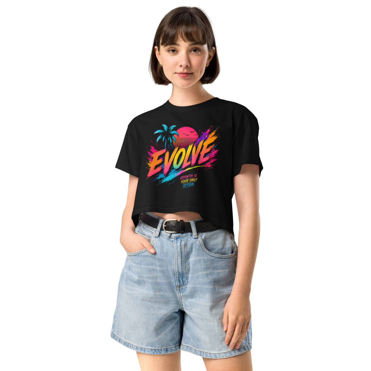 Crop top femme noir CG Mindset imprimé EVOLVE, vue de face