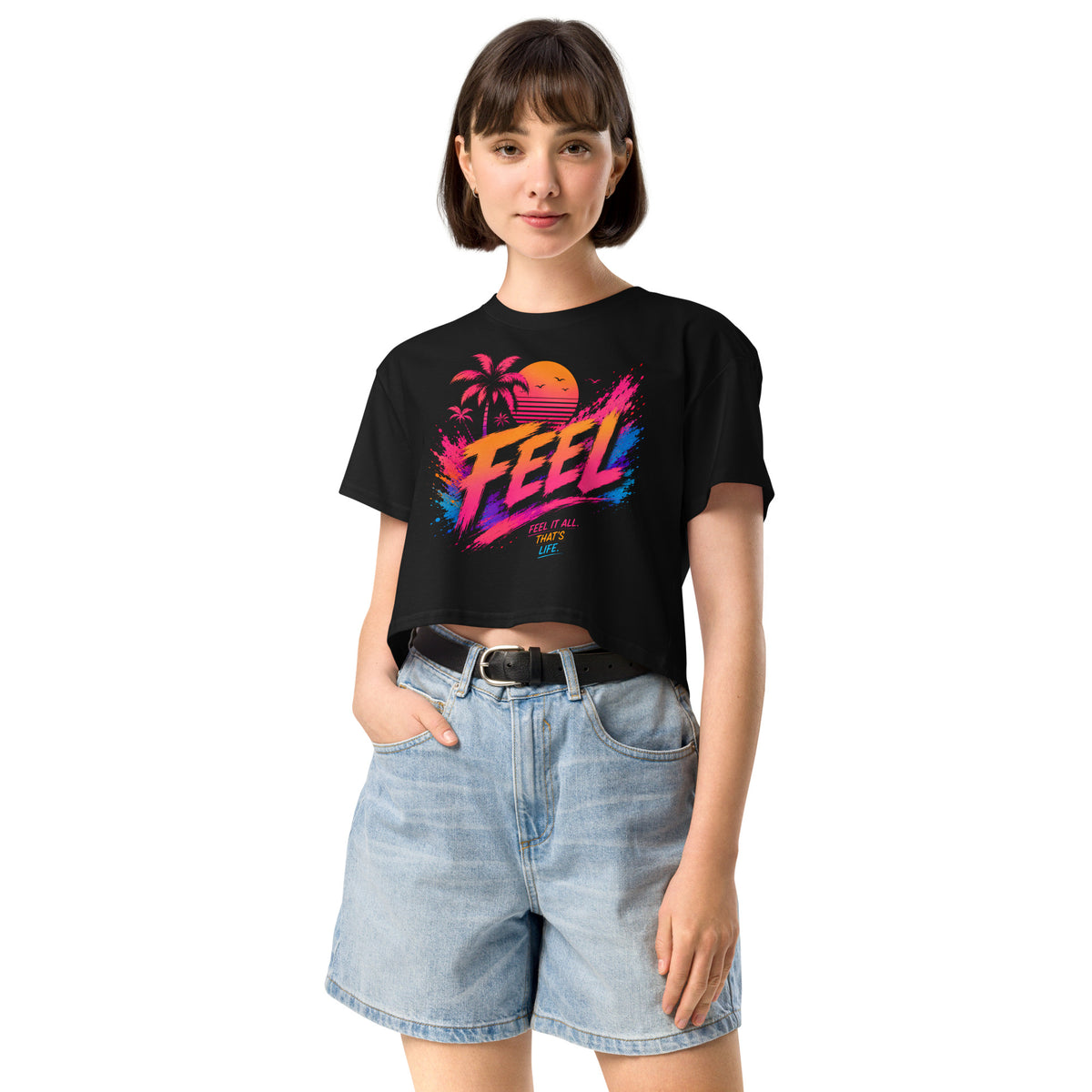 Crop top femme noir CG Mindset imprimé FEEL, vue de face