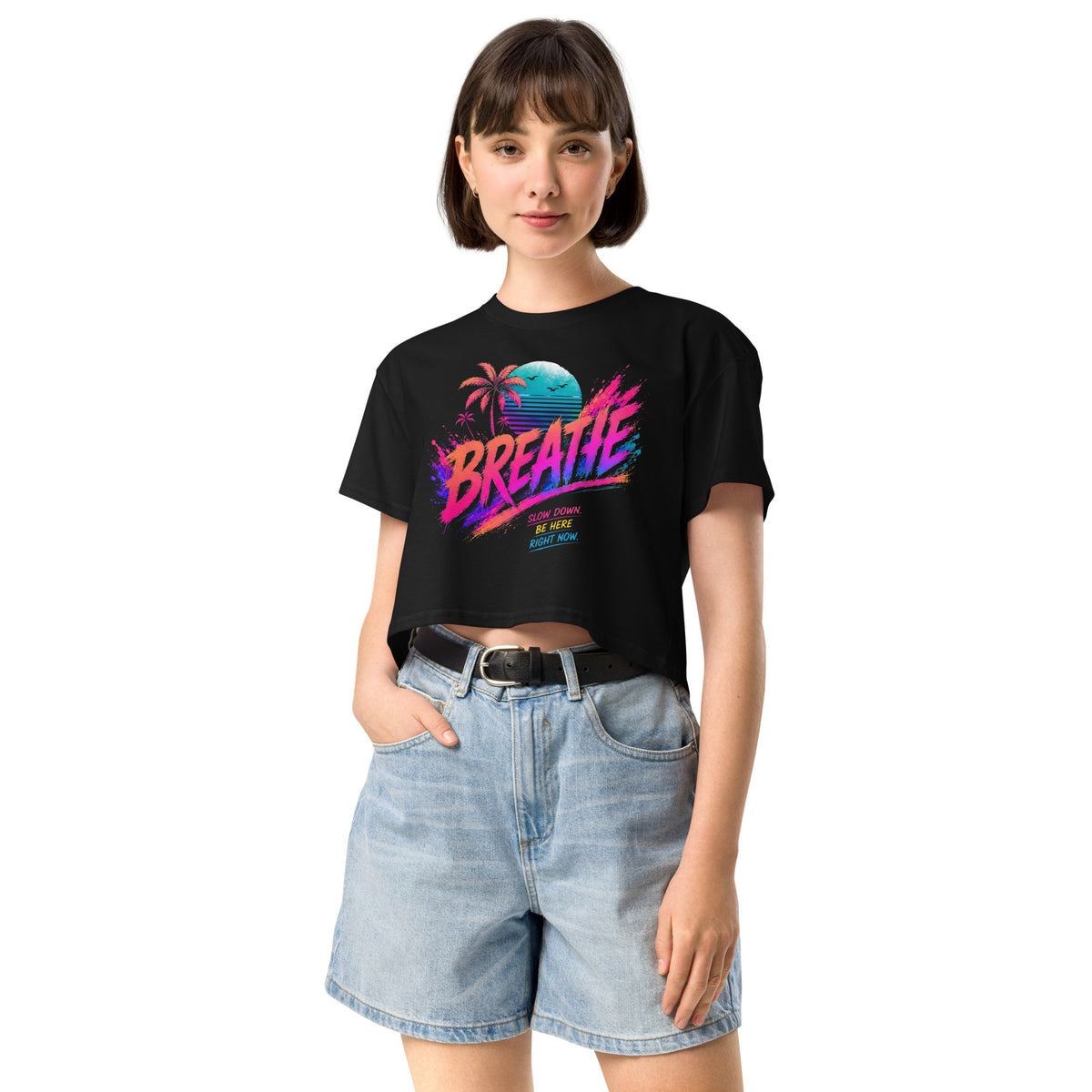 Crop top femme noir CG Mindset imprimé BREATHE, vue de face