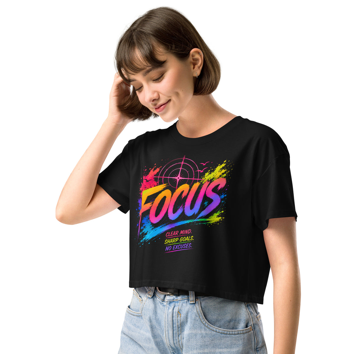 Crop top femme noir CG Mindset imprimé FOCUS, vue trois quarts