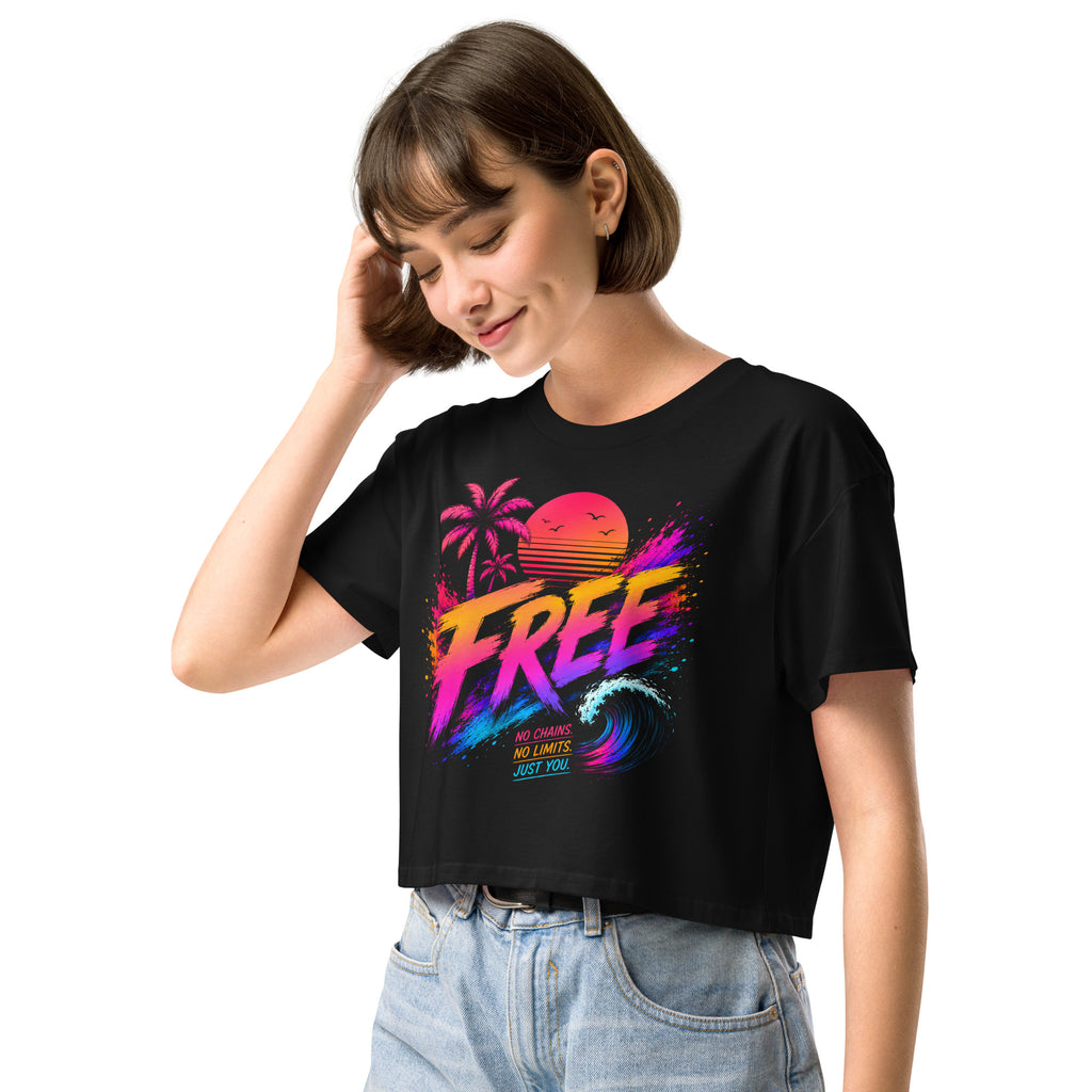 Crop top femme noir CG Mindset imprimé FREE, vue trois quarts