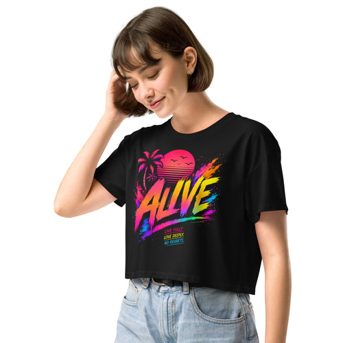 Crop top femme noir CG Mindset imprimé ALIVE, vue trois quarts