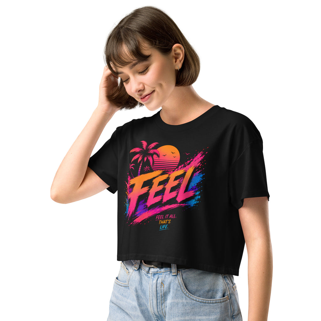 Crop top femme noir CG Mindset imprimé FEEL, vue trois quarts